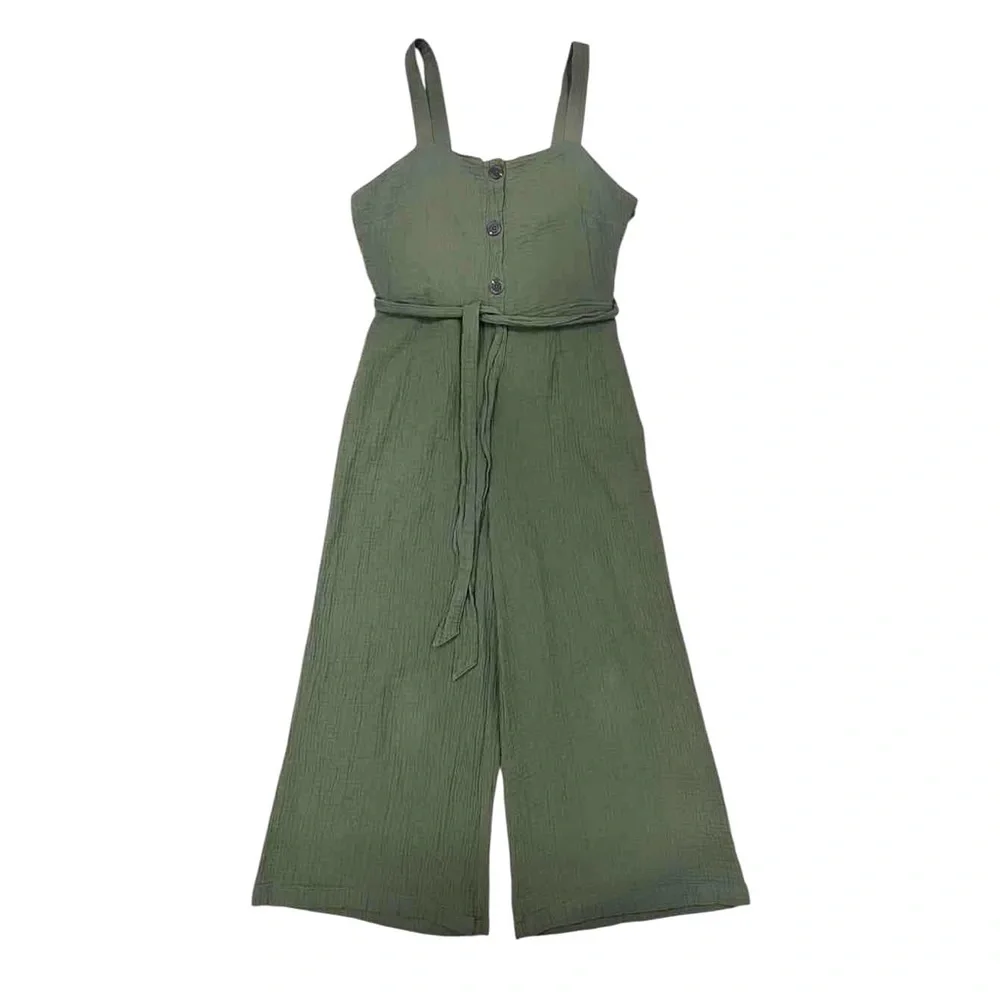 Rachel Zoe Olive Green Gauzy Crepe Cotton Wide Leg Crop Jumpsuit Pockets